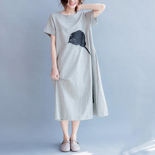 Fine gray cotton dress plus size clothing o neck cotton gown women back side open cotton dress
