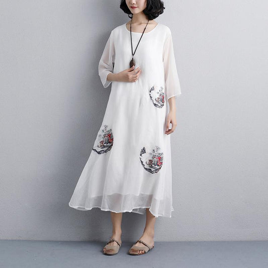 Fine natural dress plus size Ethnic Women Embroidery Three Quarter Sleeve White Dress