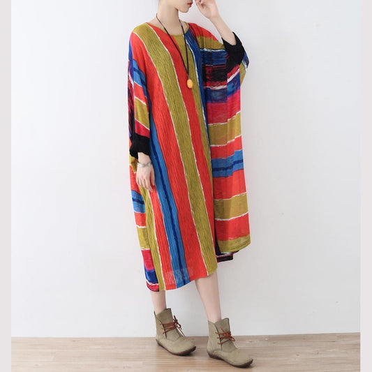 Fine rainbow natural linen dress oversize striped traveling dress Elegant asymmetrical kaftans