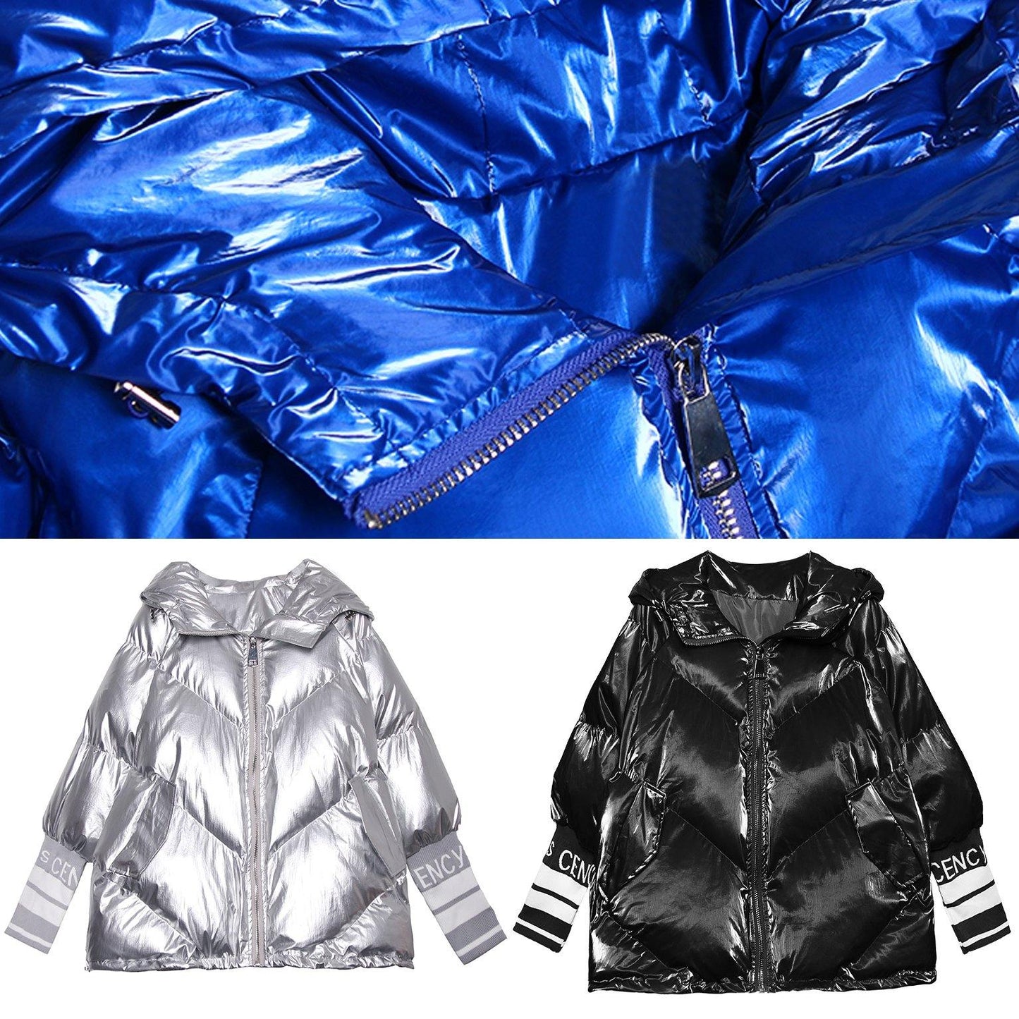 Fine silver gray print women parka oversize down jacket hooded zippered overcoat - SooLinen