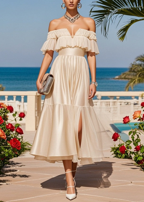 Fitted Apricot Cold Shoulder Side Open Silk Strapless Dresses Summer