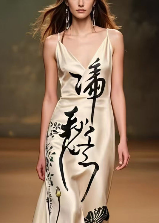 Fitted Apricot Print Draping Silk Party Dress Summer