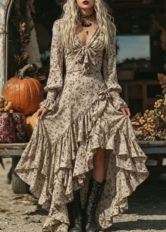 Fitted Apricot V Neck Print Asymmetrical Design Dress Long Sleeve