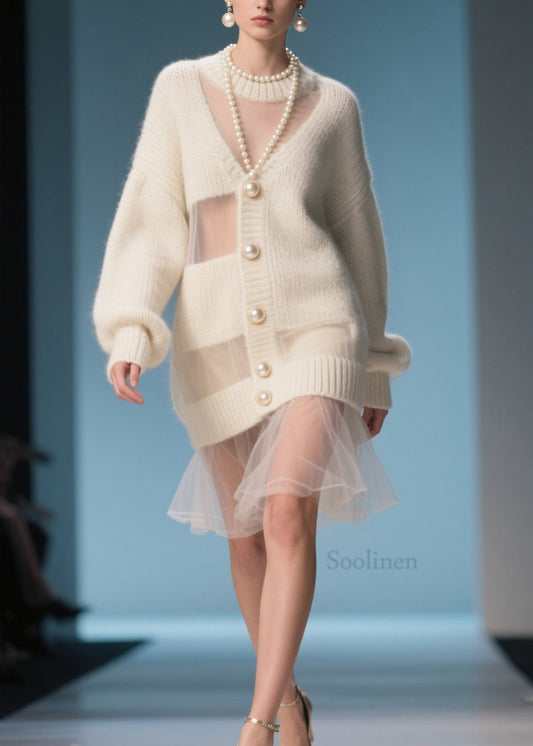 Fitted Beige O Neck Tulle Patchwork Knit Sweater Dress Fall