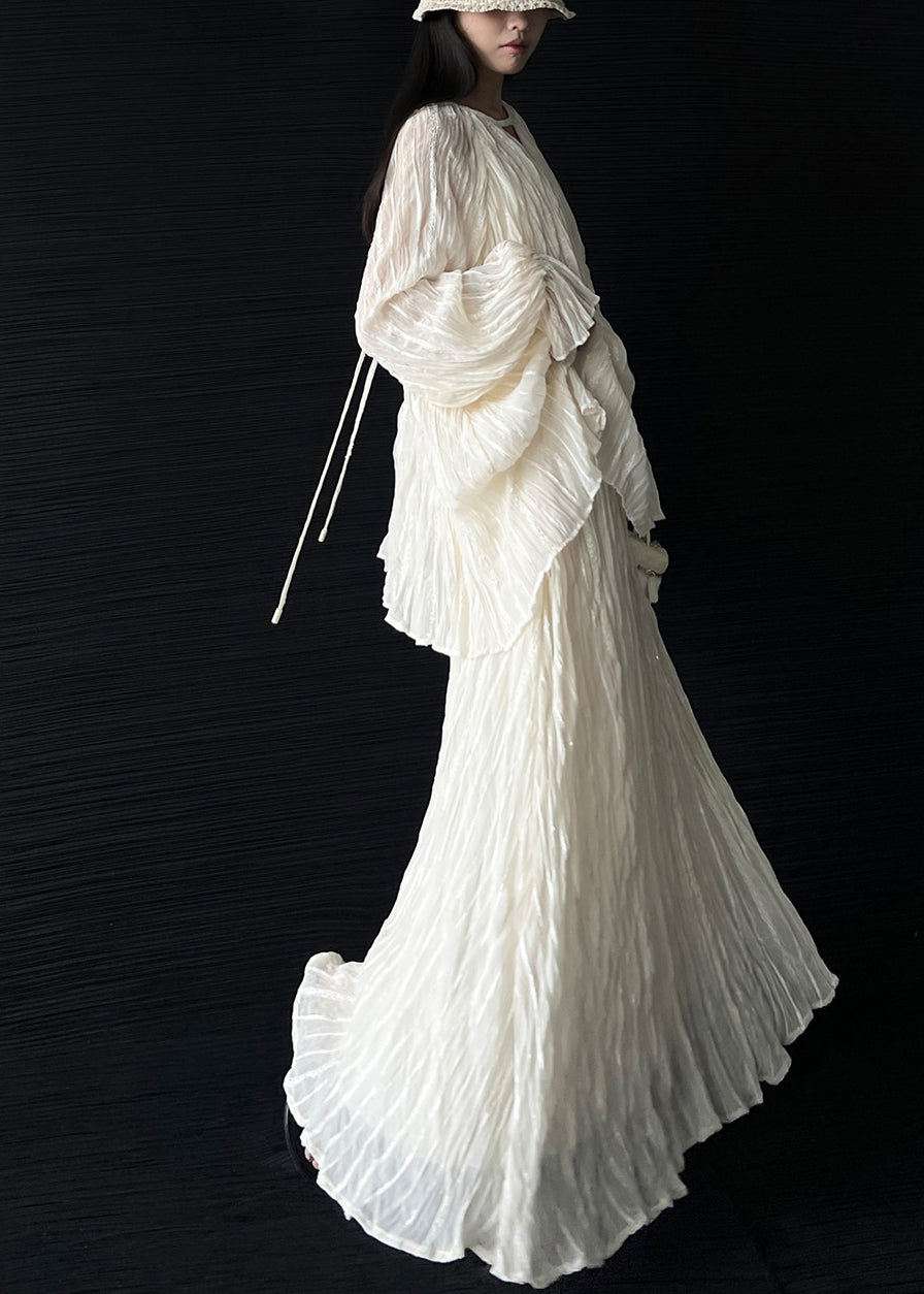 Fitted Beige O-Neck Wrinkled Top And A Line Skirts Two Pieces Set Lantern Sleeve