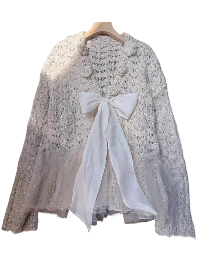 Fitted Beige Sequins Patchwork Bow Knit Cardigans Spring