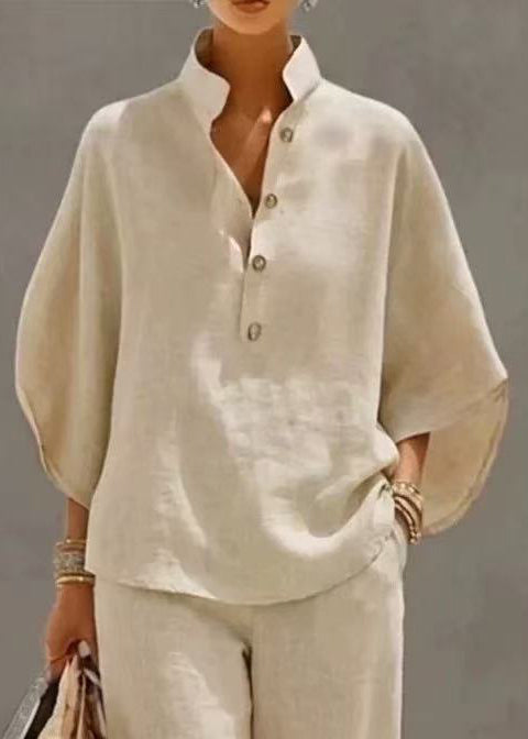 Fitted Beige Stand Collar Cotton Two Piece Set Outfits Fall