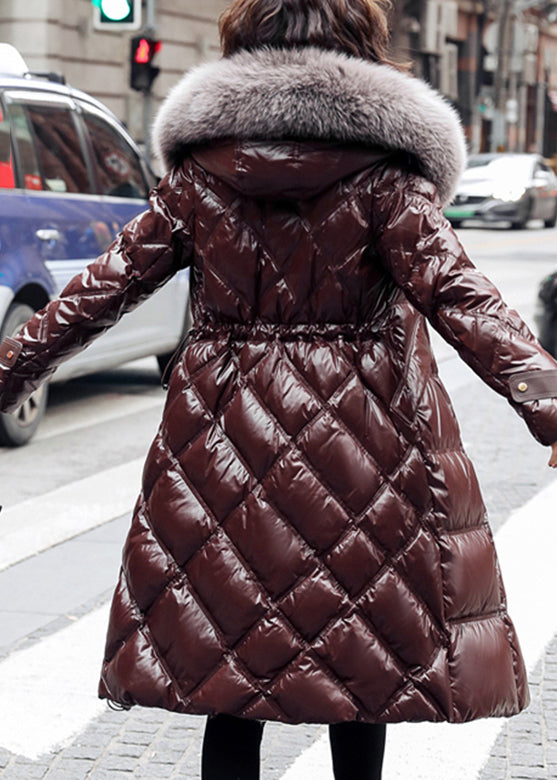 Black Fox Collar Drawstring Zipper Long Cotton Coat for Winter