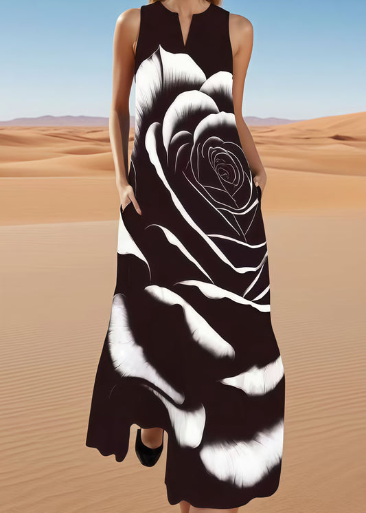 Fitted Black Oversized Floral Cotton A Line Dress Sleeveless