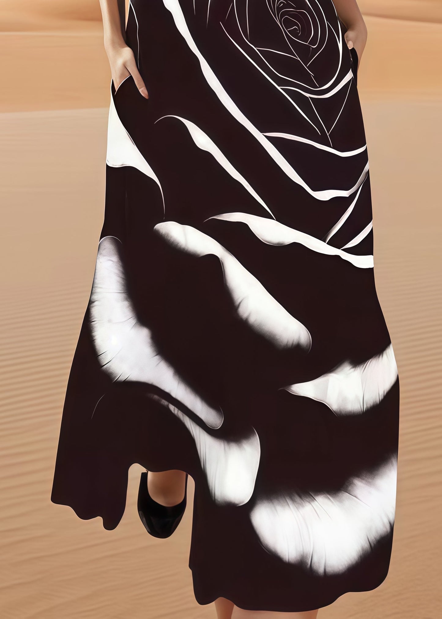 Fitted Black Oversized Floral Cotton A Line Dress Sleeveless