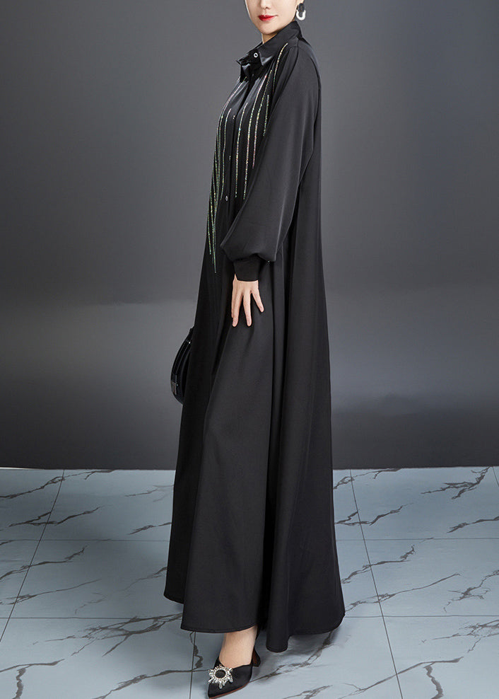 Fitted Black Peter Pan Collar Striped Maxi Dresses Lantern Sleeve