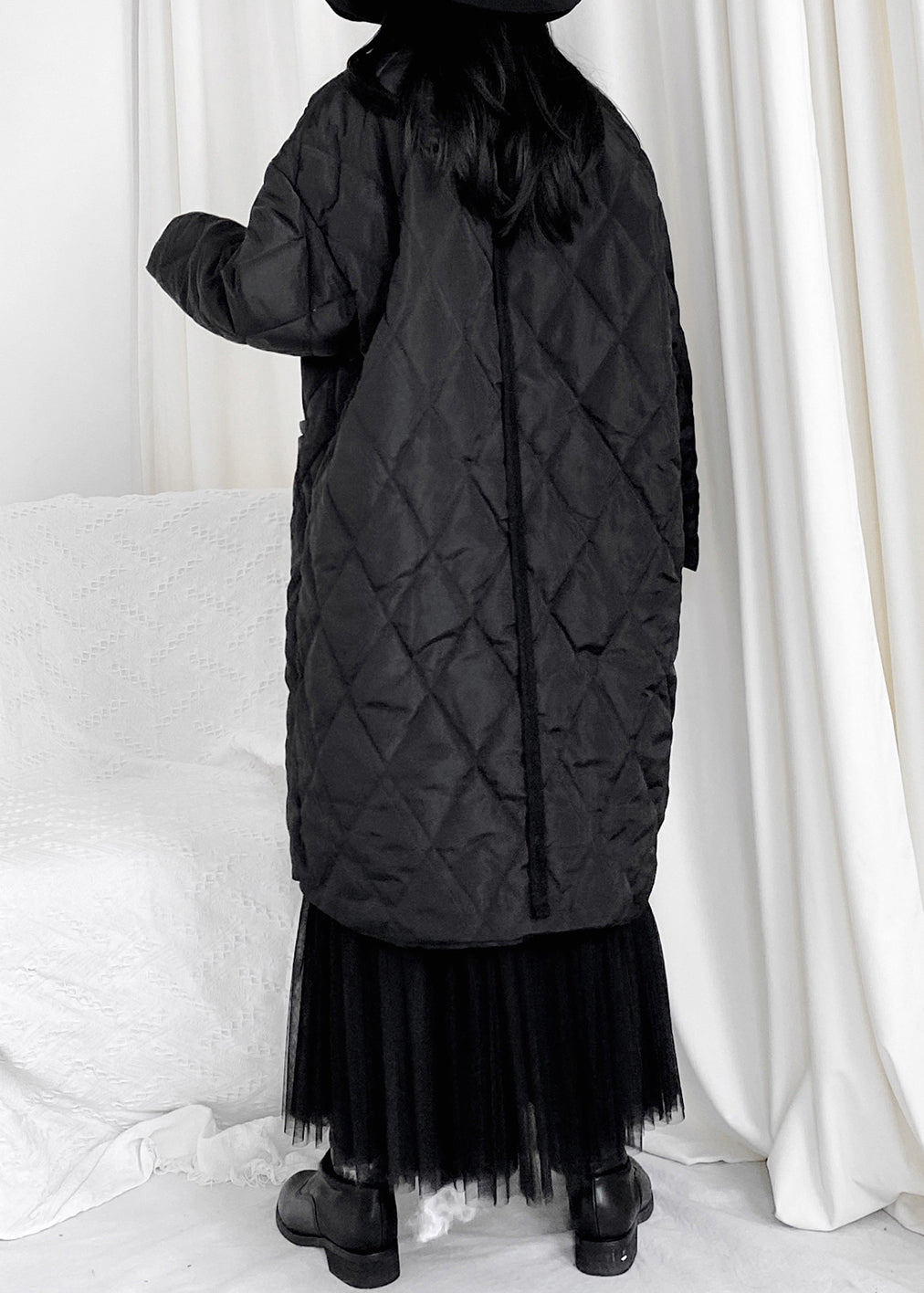 Fitted Black Plaid Patchwork Pockets Long Down Jackets Fall