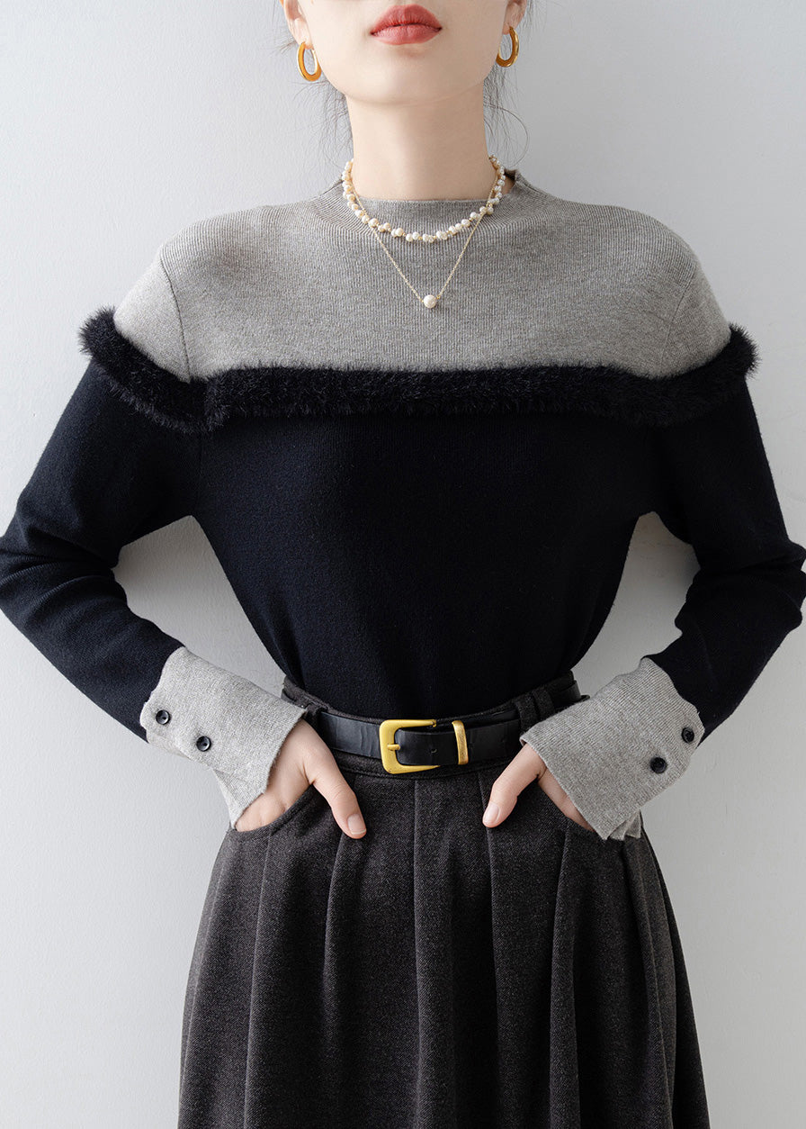 Fitted Black Stand Collar Patchwork Faux Fur Sweater Winter