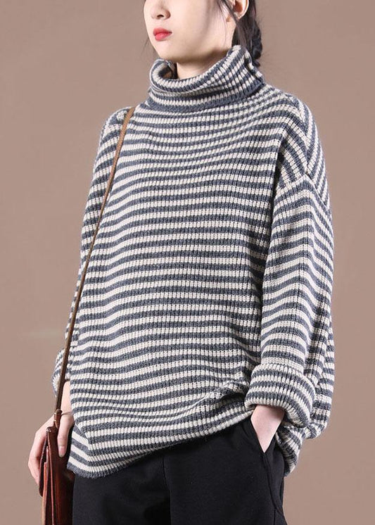 Fitted Black Striped Turtleneck Fall Knit Sweater - SooLinen