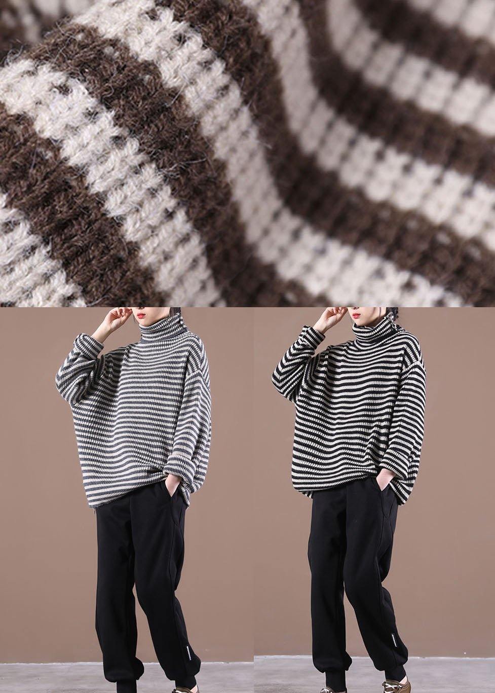 Fitted Black Striped Turtleneck Fall Knit Sweater - SooLinen