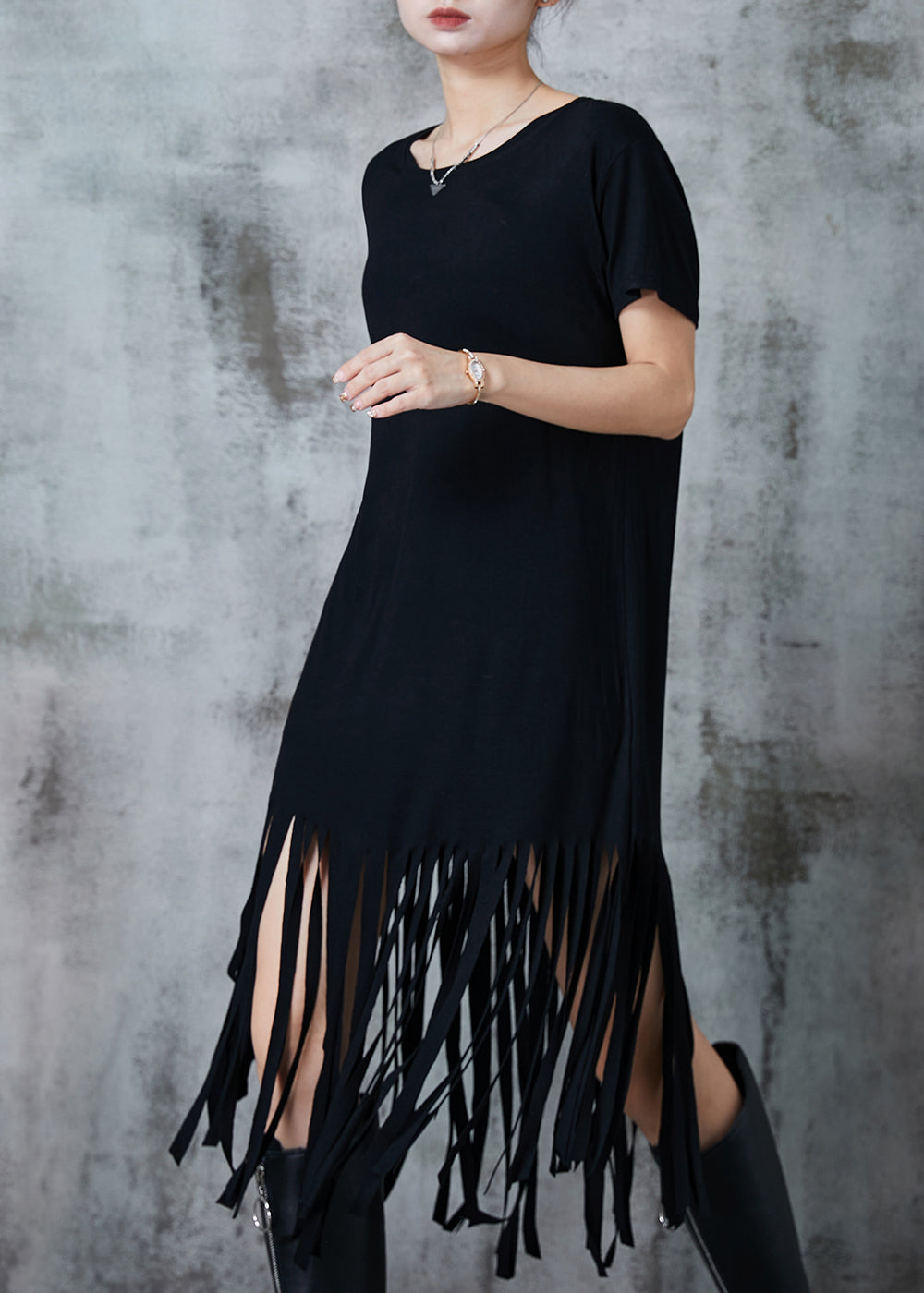 Fitted Black Tasseled Cotton Holiday Dress Summer