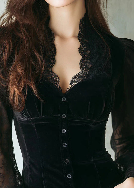 Fitted Black V Neck Lace Patchwork Velour Shirts Fall