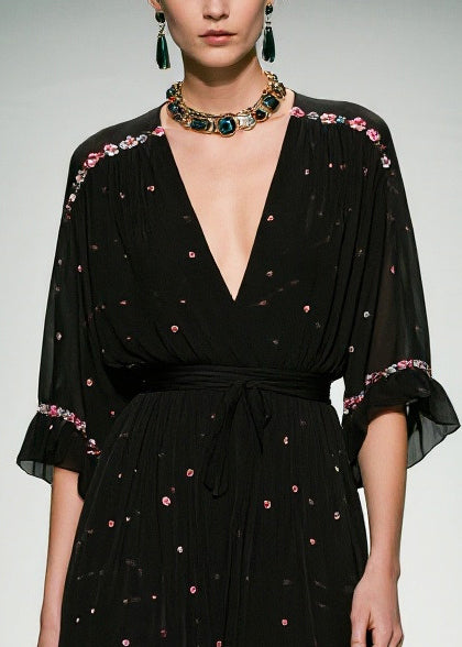 Fitted Black V Neck Print Tulle Long Dresses Summer