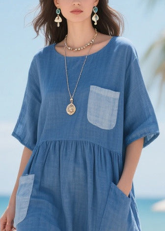 Fitted Blue Asymmetrical Patchwork Pockets Cotton Maxi Dresses Summer