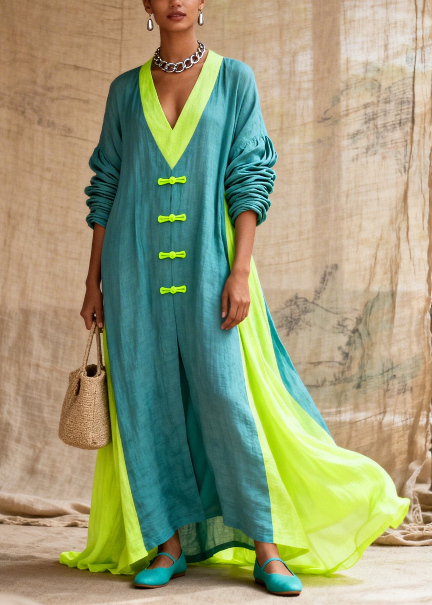 Fitted Blue Oversized Patchwork Chinese Button Cotton Maxi Dresses Fall