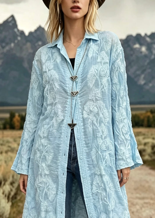 Fitted Blue Peter Pan Collar Embroidered Lace Shirts Top Long Sleeve