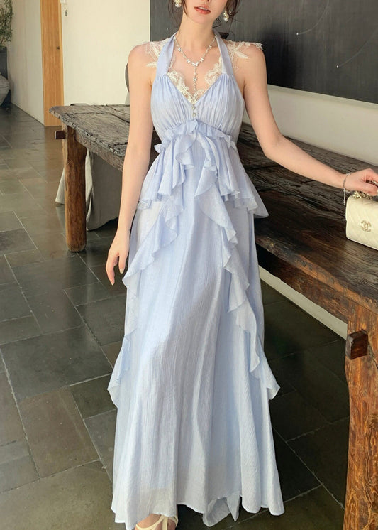 Fitted Blue Ruffled Exra Large Hem Cotton Halter Holiday Dresses Summer