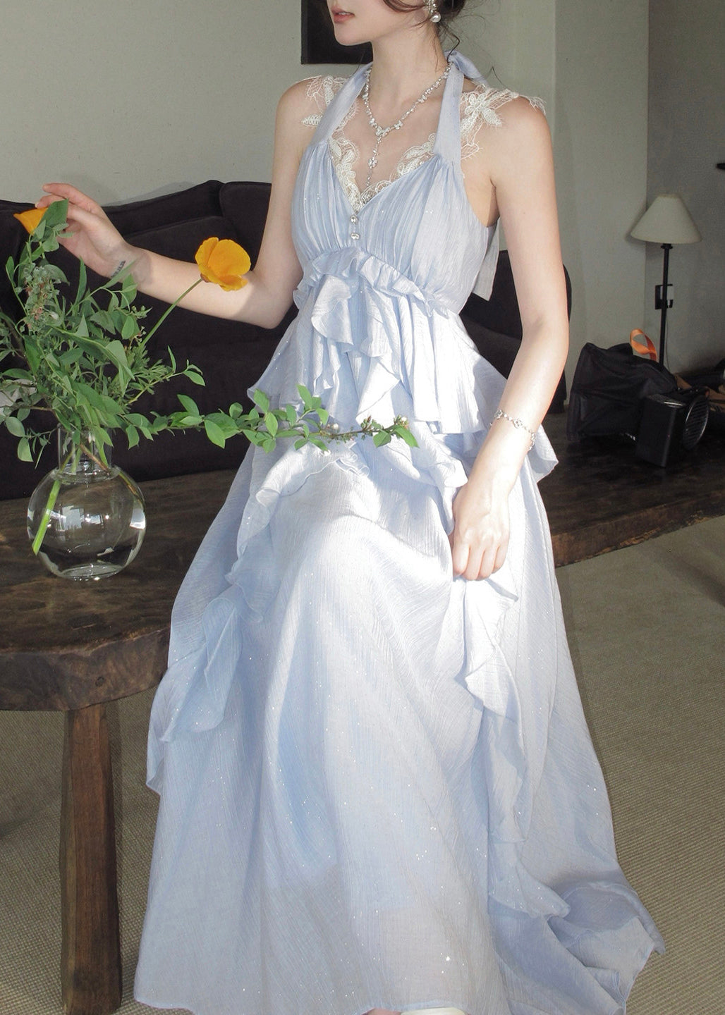 Fitted Blue Ruffled Exra Large Hem Cotton Halter Holiday Dresses Summer