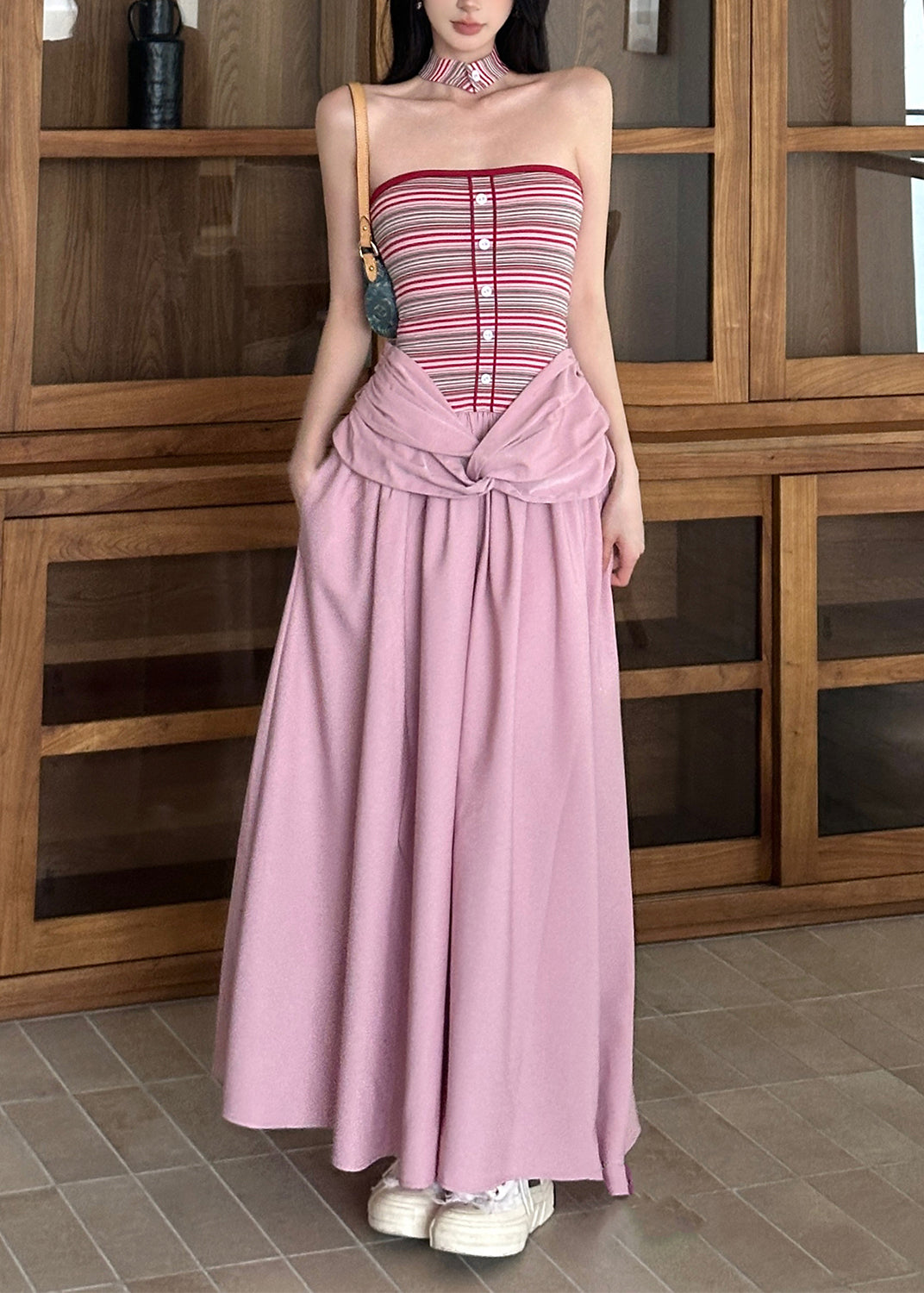 Fitted Blue Striped False Two Pieces Patchwork Cotton Dresses Summer