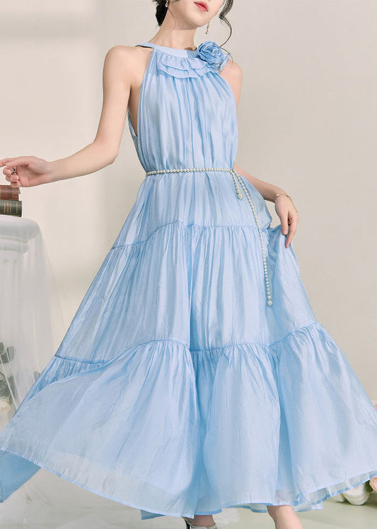 Fitted Blue Wrinkled Patchwork Tie Waist Maxi Dress Summer