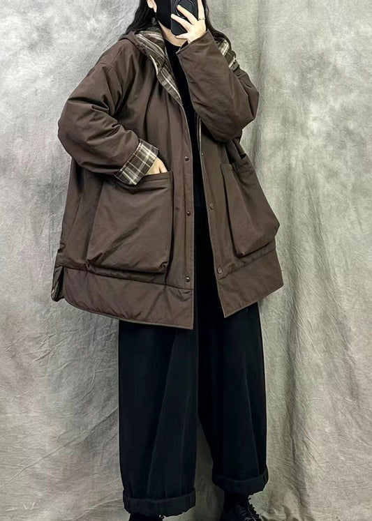 Fitted Brown Wear On Both Sides Pockets Fine Cotton Filled Hooded Coats Winter