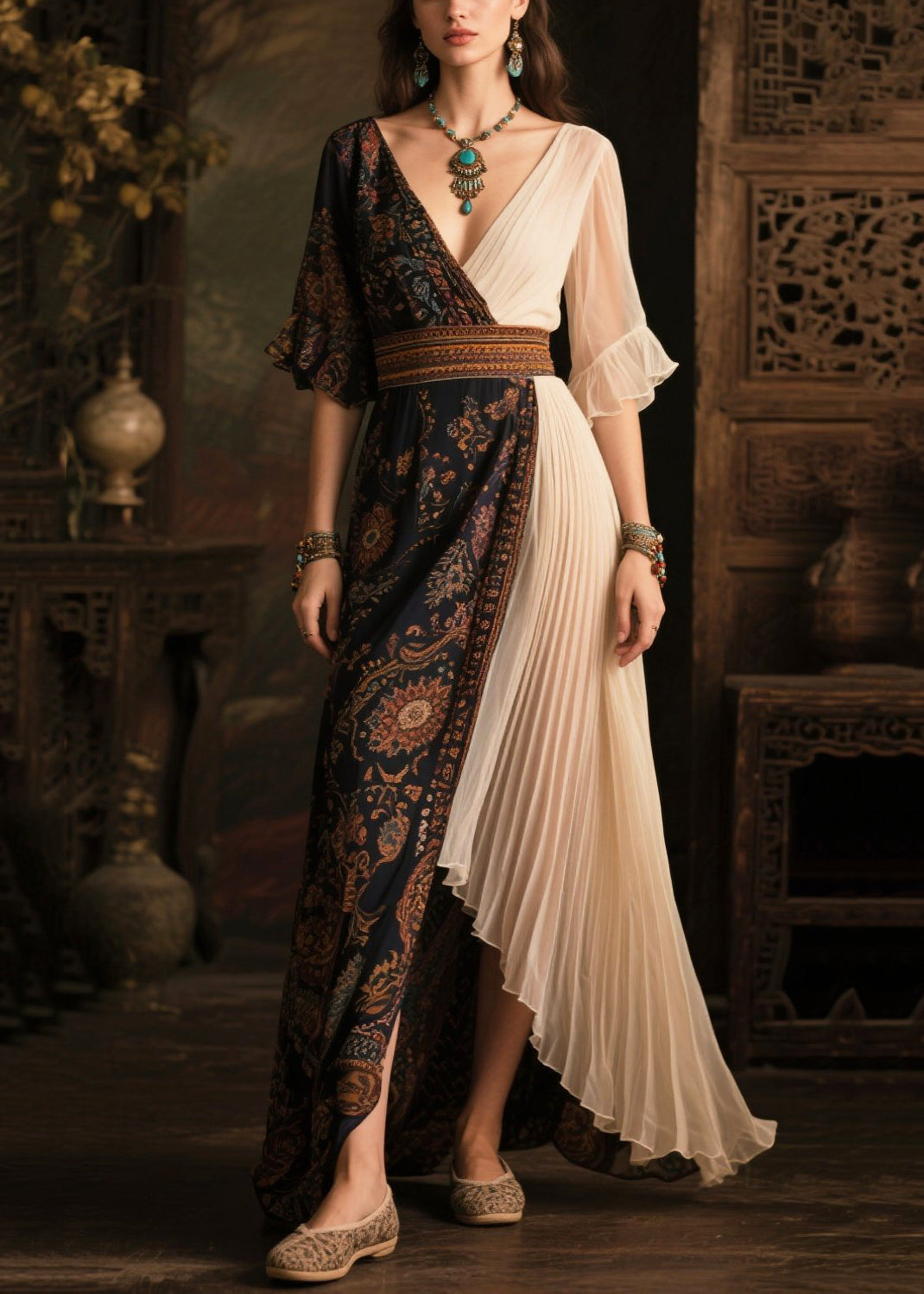 Fitted Colorblock Asymmetrical Patchwork Chiffon Pleated Dress Summer