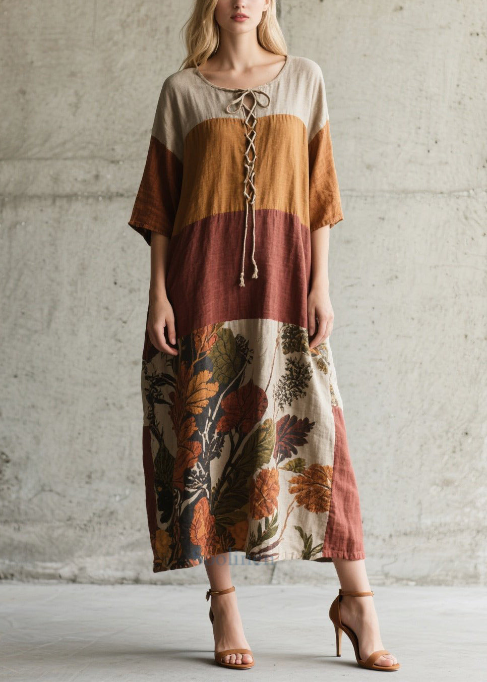 Fitted Colorblock Cross Strap Print Cotton Robe Dress Summer