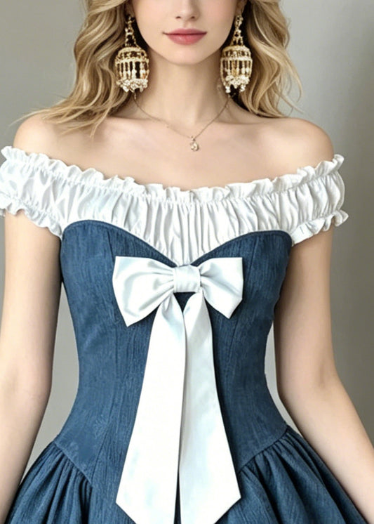 Fitted Denim Blue Cold Shoulder Patchwork Cotton Mini Dress Summer