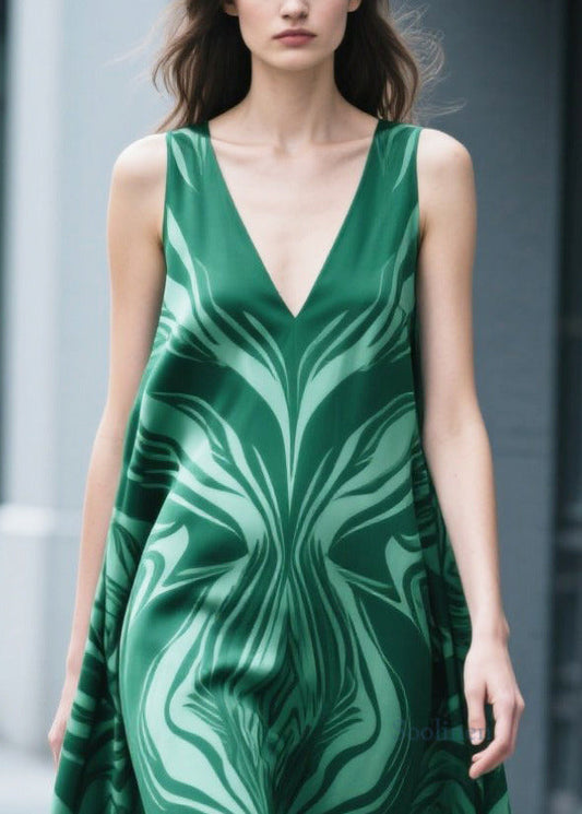 Fitted Green Oversized Print Chiffon Long Dress Sleeveless