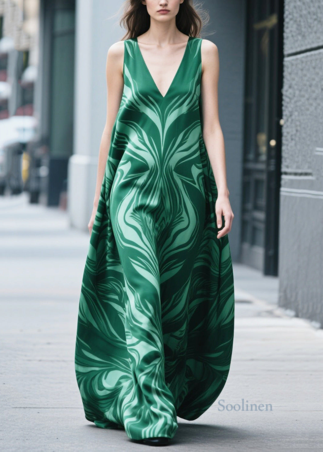 Fitted Green Oversized Print Chiffon Long Dress Sleeveless
