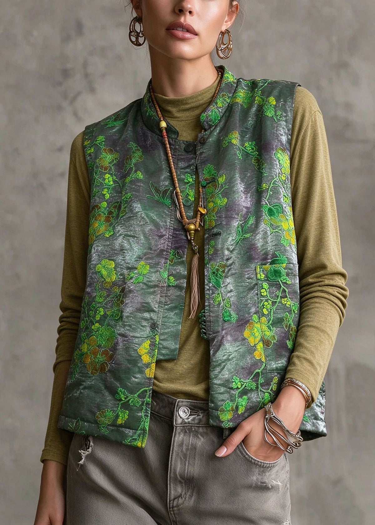 Fitted Green Print Warm Silk Cotton Cardigans Sleeveless