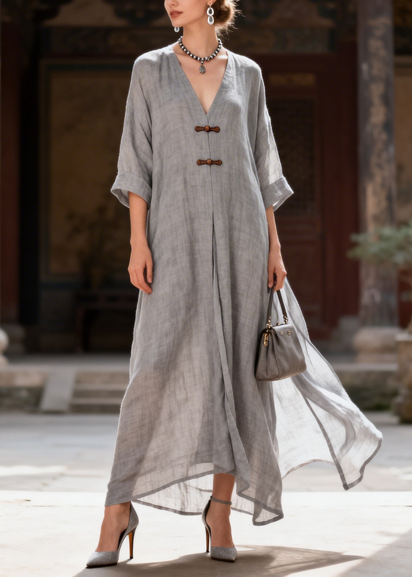 Fitted Grey Oversized Chinese Button Cotton Robe Dresses Summer