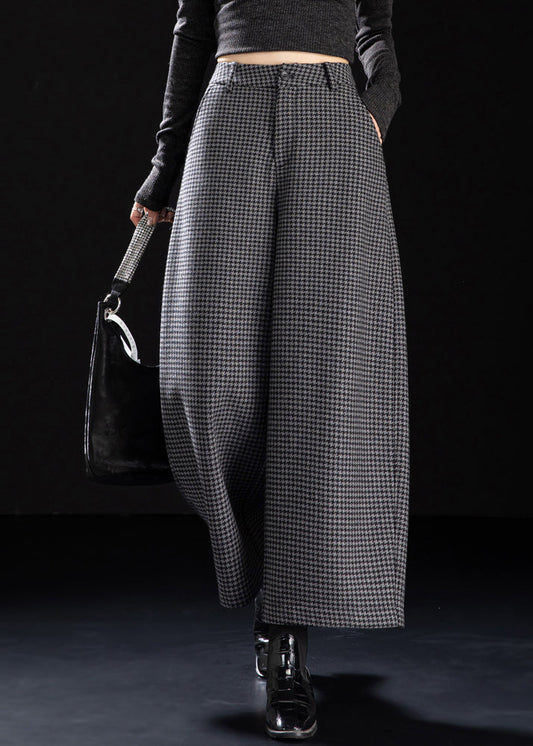 Fitted Grey Plaid Warm Fleece Wide Leg Pants Winter