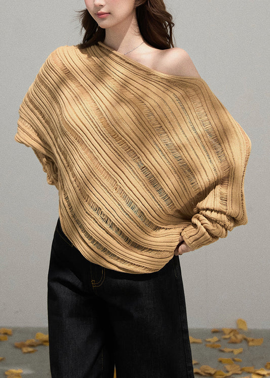 Fitted Khaki Cold Shoulder Striped Knit Shirts Fall