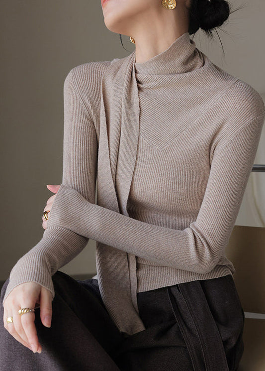 Fitted Khaki High Neck With Scarf Knit Top Fall