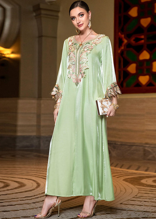 Fitted Light Green O-Neck Embroideried Lace Patchwork Silk Long Dress Fall