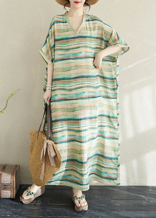 Fitted Light Green Oversized Striped Cotton Robe Dresses Summer