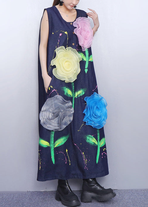Fitted Navy Painting Multicolored Floral Denim A Line Dress Sleeveless