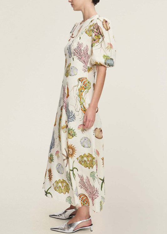 Fitted O Neck Print Cotton Long Dress Lantern Sleeve