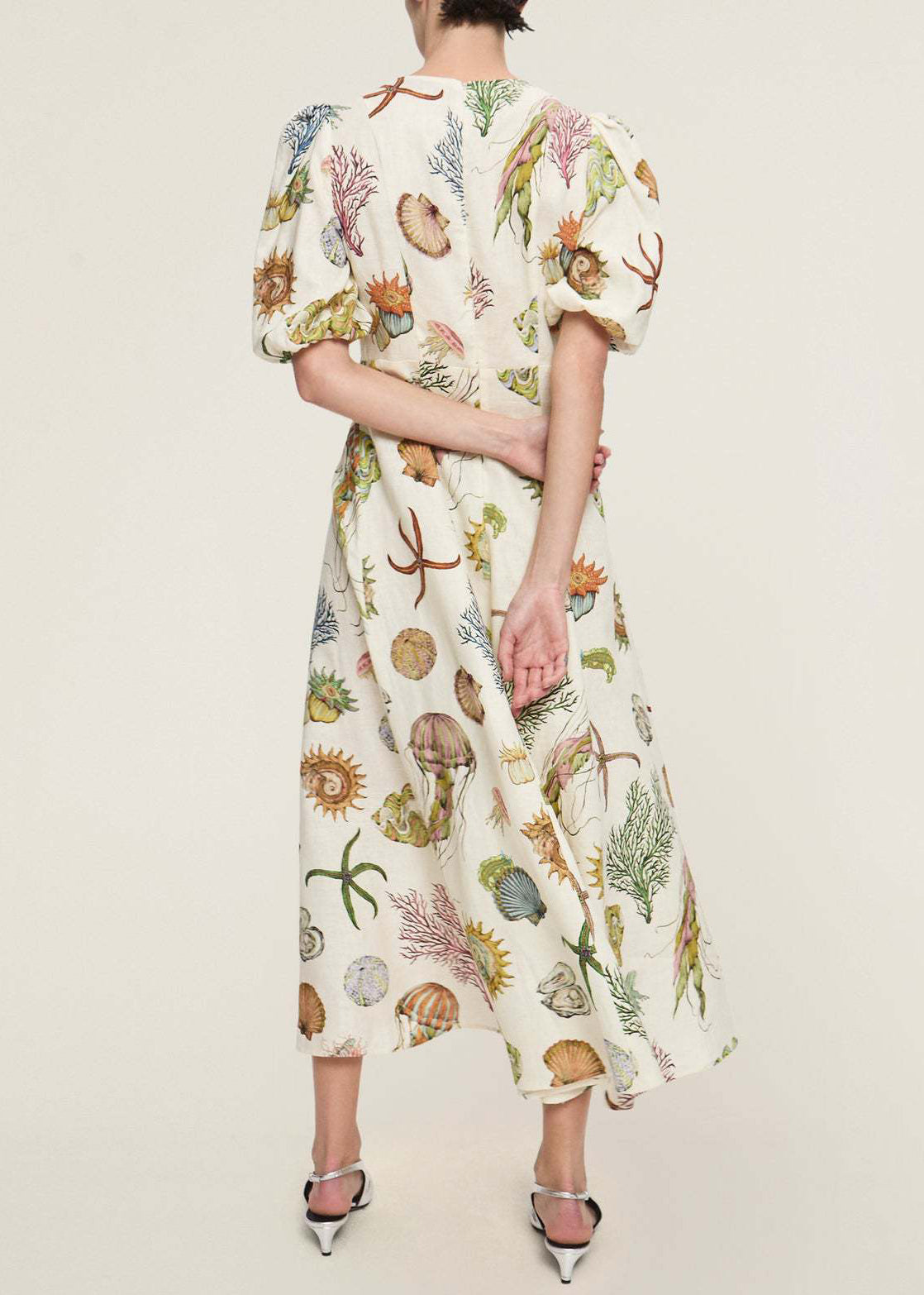 Fitted O Neck Print Cotton Long Dress Lantern Sleeve