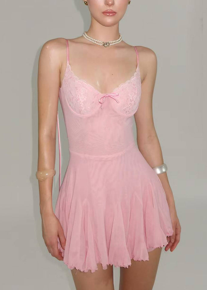 Fitted Pink Backless Lace Up Patchwork Tulle Mini Dresses Summer