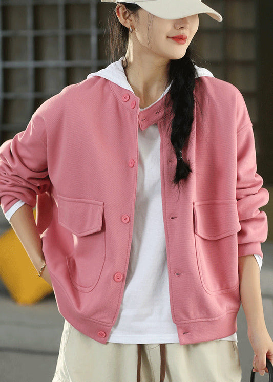 Fitted Pink Oversized Pockets Cotton Jackets Fall