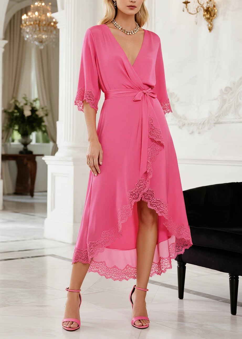 Fitted Pink V Neck Asymmetrical Lace Patchwork Silk Dress Summer
