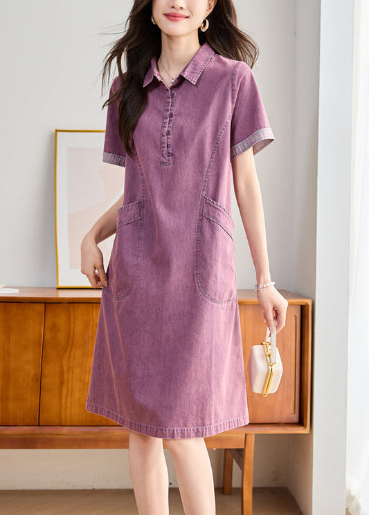 Fitted Purple Peter Pan Collar Pockets Denim Day Dress Summer