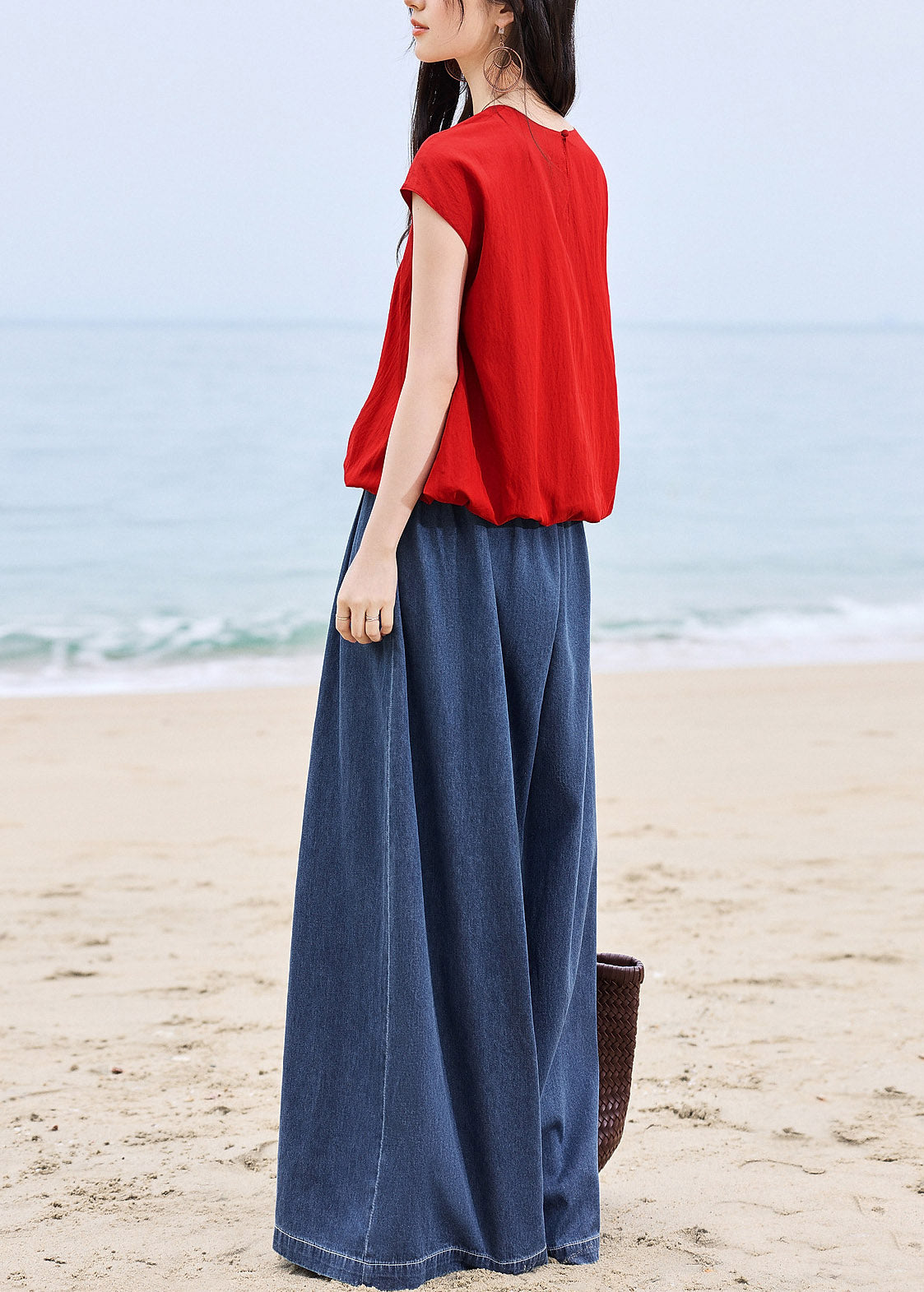 Fitted Red O-Neck T Shirts And Wide Leg Jeans Two Piece Set Short Sleeve